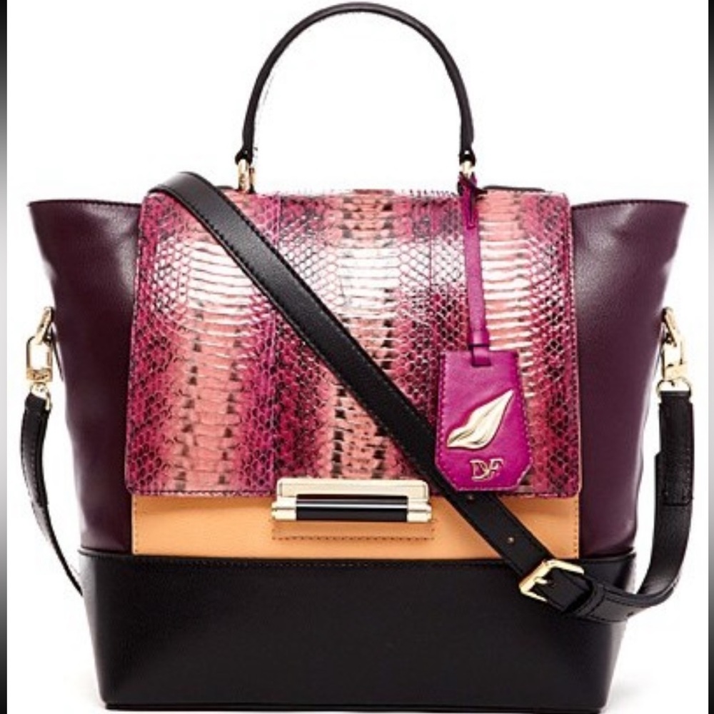 DVF Diane Von Furstenberg Colorblock Leather Snakeskin Handbag Purple Multi